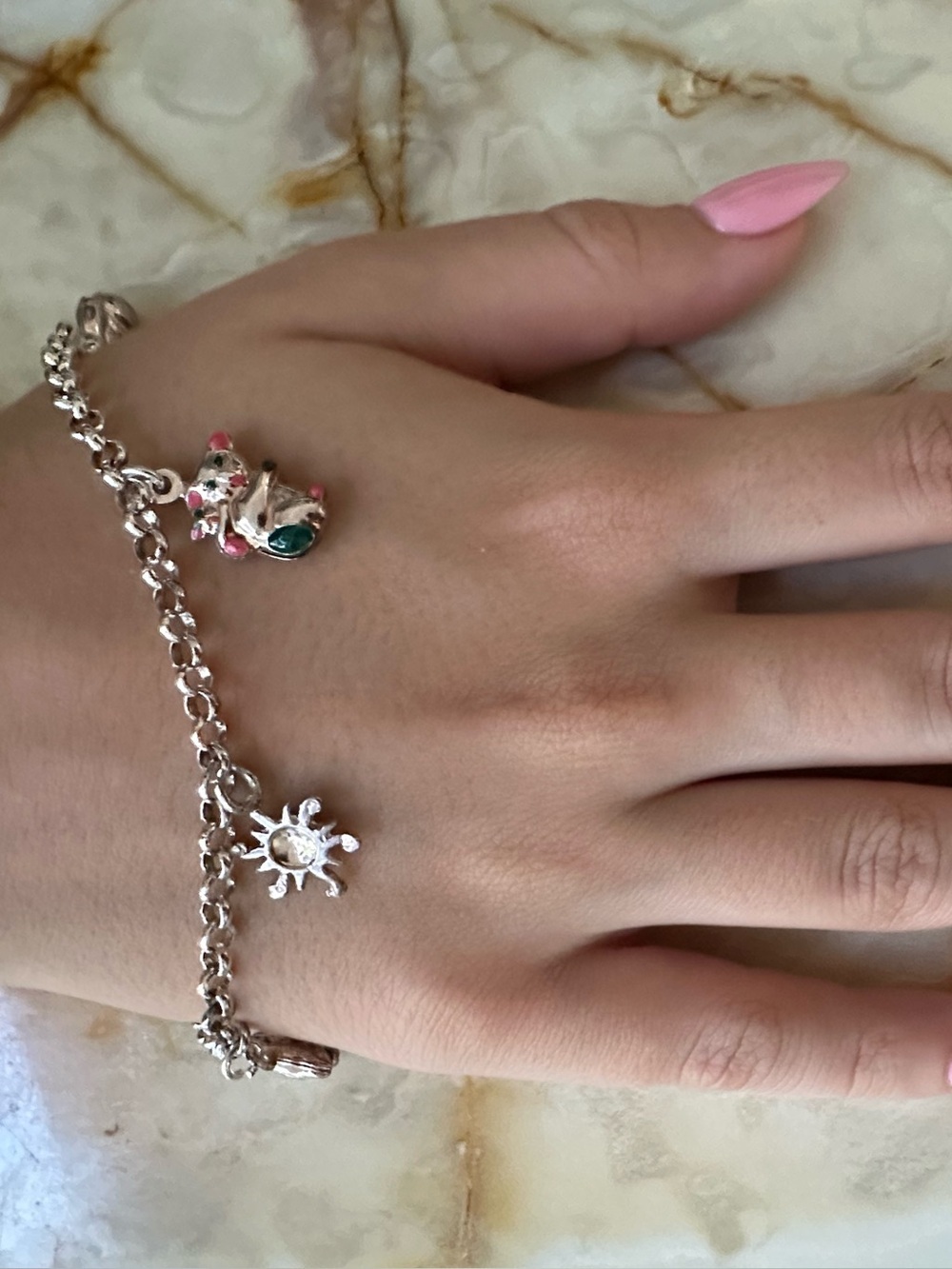 925 Sterling silver GM Pink Enamel Cat Charm Bracelet - Women Jewelry​